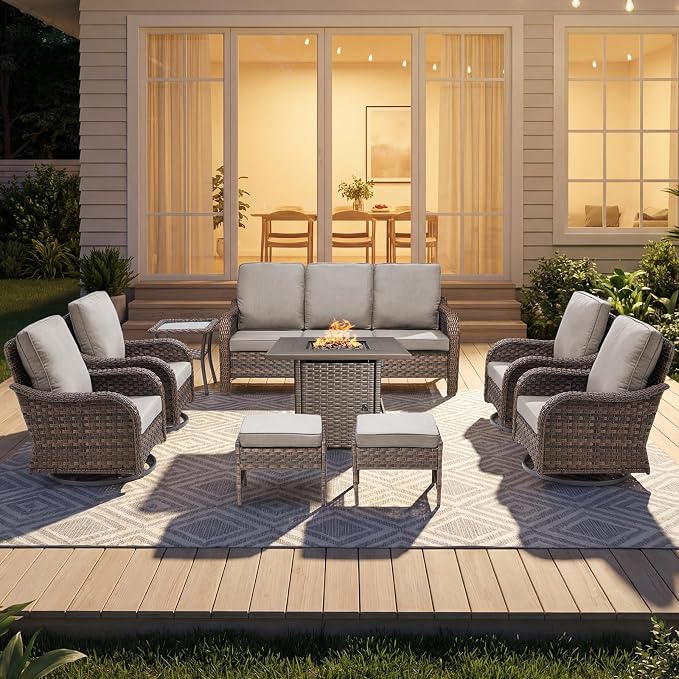 Patio Furniture Set - 9 Pieces All Weather Wicker Outdoor Furniture with 4 Swivel Chairs, 2 Ottomans, 1 Sofa, 1 Side Table and Fire Pit Table, Ergonomic Design for Porch, Deck, and Backyard(Beige)