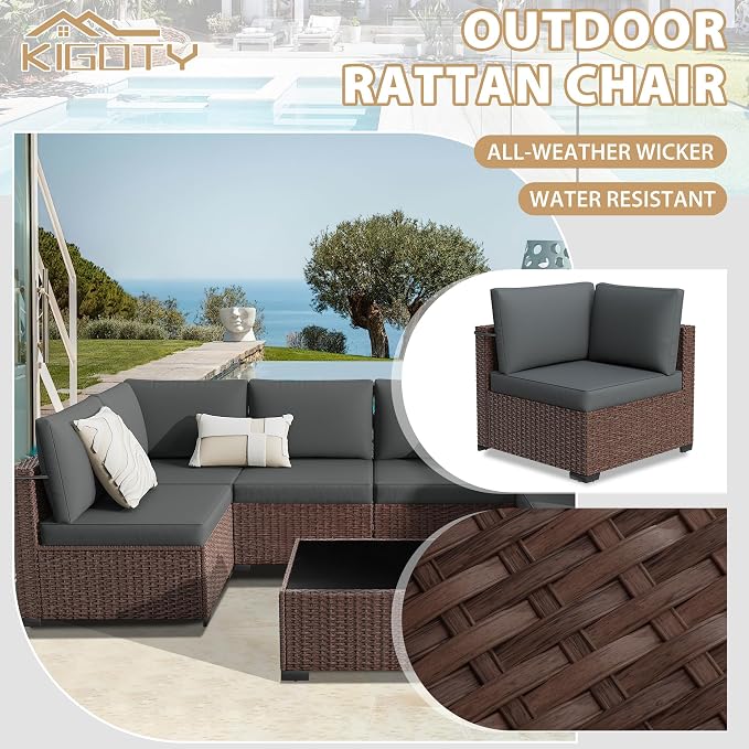 KIGOTY 7-Piece Patio Furniture Set, All-Weather PE Rattan Outdoor Sectional Sofa, Modular Wicker Conversation Set with Thick Cushions & Easy-Clean Coffee Table（Brown/Dark Grey）