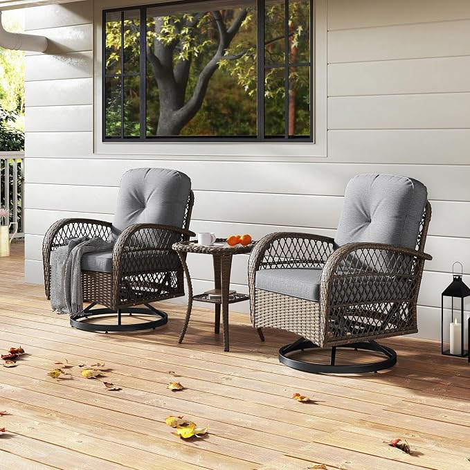 HAPPYGRILL 3 Pieces Outdoor Rattan Swivel Rocker Chairs Set with Tempered Glass Side Table, Outside Sectional Patio Conversation Furniture Set with Swivel Rocking Chairs for Deck Porch Garden (Grey)