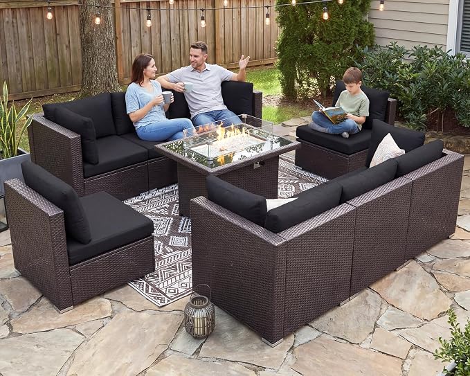 BULEXYARD 9 Pcs High Back Outdoor Sectional Set with Firepit Table, High-End Patio Furniture Seating Set, Big Oversized Wide Deep Modular 8-Seater Couch Sofa for Backyard, Brown Wicker & Black Cushion