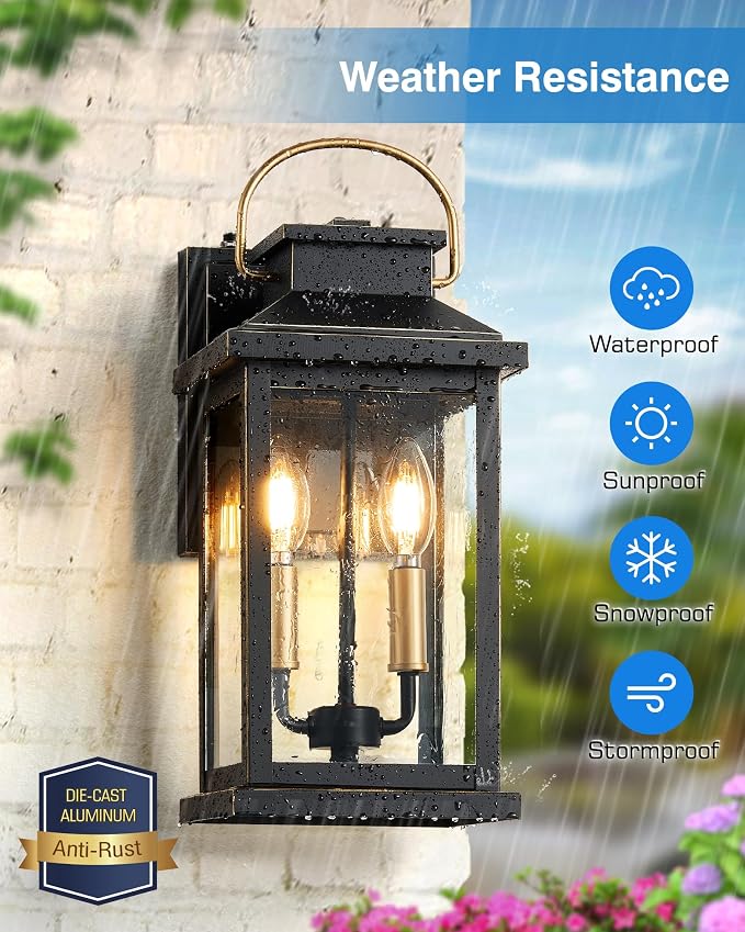 VIANIS Large Porch Lights Outdoor Dusk to Dawn, Black Gold Trim, Anti-Rust | Waterproof Exterior Lighting Fixtures Wall Mount for House, Outdoor Sconces Wall Lighting for Patio, Coach Lights for Garage