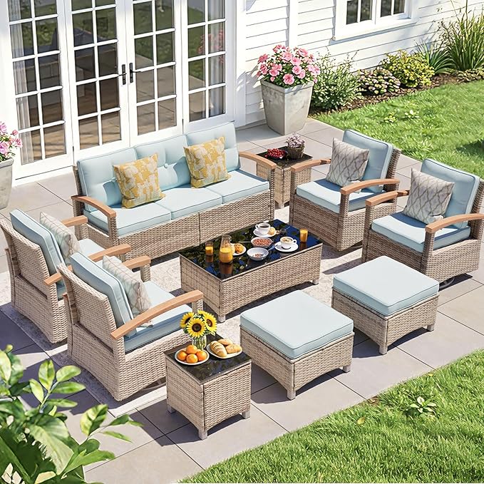 MEISSALIVVE 10 Pieces Patio Furniture Sets,Wicker Patio Conversation Sets with 4 Wood Armrests Swivel Glide Chairs, 2 Ottoman, 3-seat Sofa and Coffee Table (Blue)