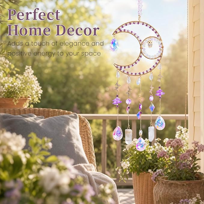 Crystal Suncatcher Moon Decor with Natural Stones Window Hanging-Purple | Handmade crystal decoration with natural stones, creates rainbow reflections for windows, bedrooms and home decor.