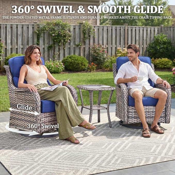 Luxury Swivel Rocker Chairs Fire Pit Set with 6" Thick Cushion 8 piece Wicker Outdoor Patio Chair with Sofa and Side Table,Comfortable High Back Outdoor Patio Furniture Set - Gery | Blue