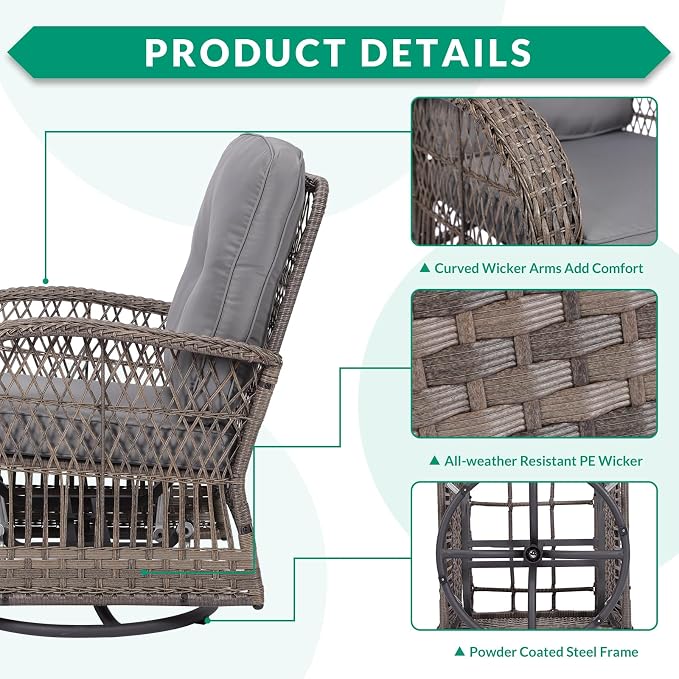 VIVIJASON 7-Piece Outdoor Patio Wicker Conversation Sets, All Weather Outdoor Rattan Furniture Set Includes Glider Loveseat, 2 Rocking Chairs, 2 Swivel-Gliders Chairs, 2 Coffee Table, Grey