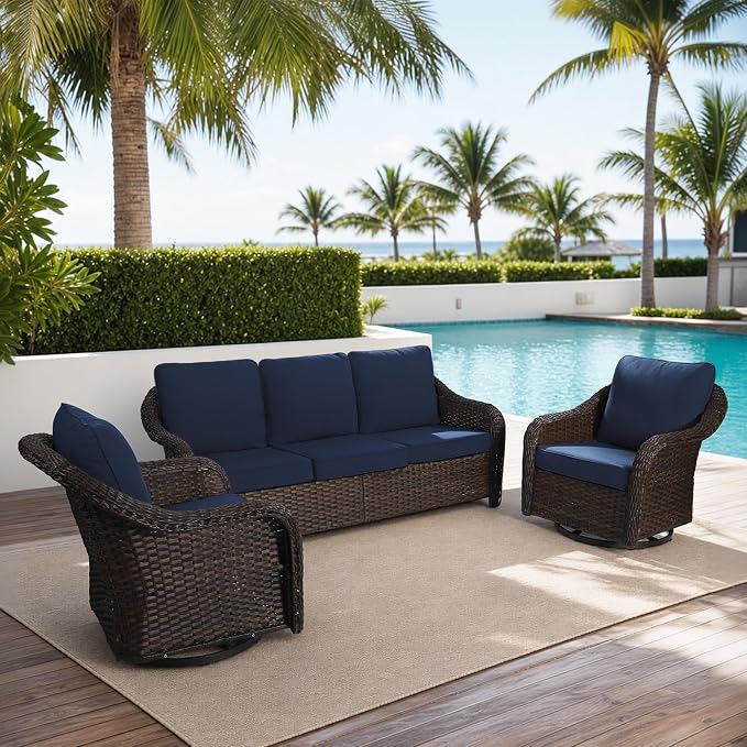 3 Piece Patio Wicker Conversation Set, All-Weather Use Outdoor Wicker Sofa with 2 PE Rattan 360 Swivel Chair, Ideal for Porch, Backyard, Balcony, Poolside, Blue