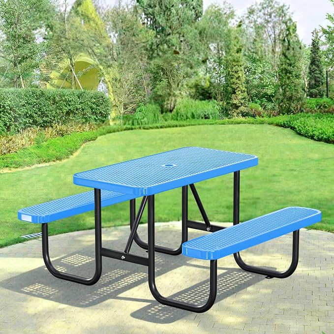 4FT/48IN Heavy Duty Outdoor Picnic Table and 2 Benches for 2-6 People, Weather Resistant Rectangular Steel Picnic Table Set with Umbrella Hole for Yard Patio Lawn Party Blue