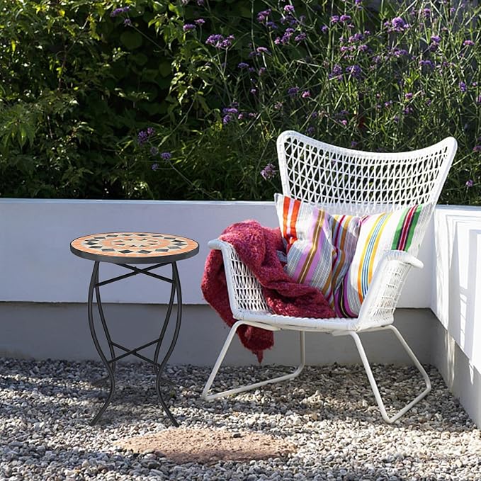 VCUTEKA Mosaic Outdoor Side Table - Small Patio Table Coffee Outside Accent Tables Round End Plant Tables for Bistro Balcony Porch Outdoor Benches 14'' Brown