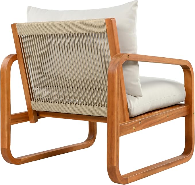 4-Piece Acacia Wood Outdoor Patio Furniture Set, All Weather Conversation Set with Loveseat, 2 Chairs, Coffee Table, Woven Rope Accents and Cushions for Backyard Pool