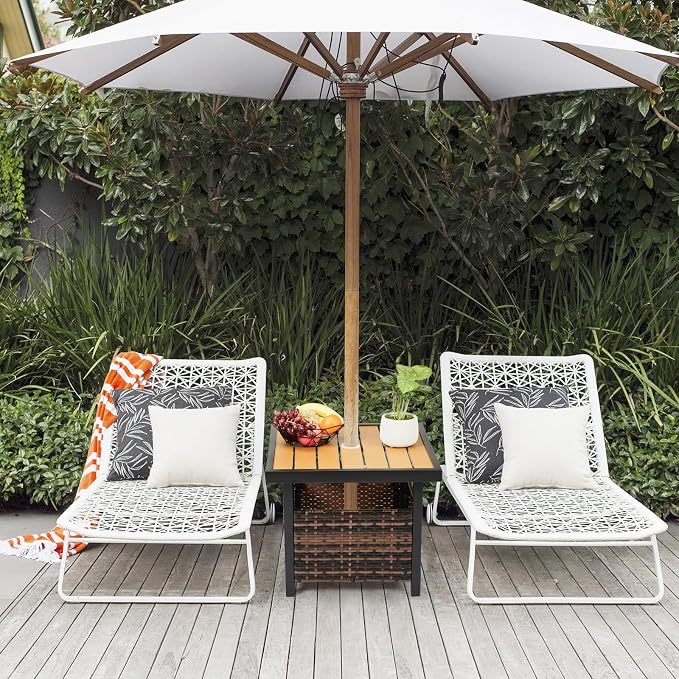 Outdoor Patio Umbrella Stand Table, All Weather Small Wicker Side Table with Umbrella Hole, 22 in Rattan Base Table (Yellow)