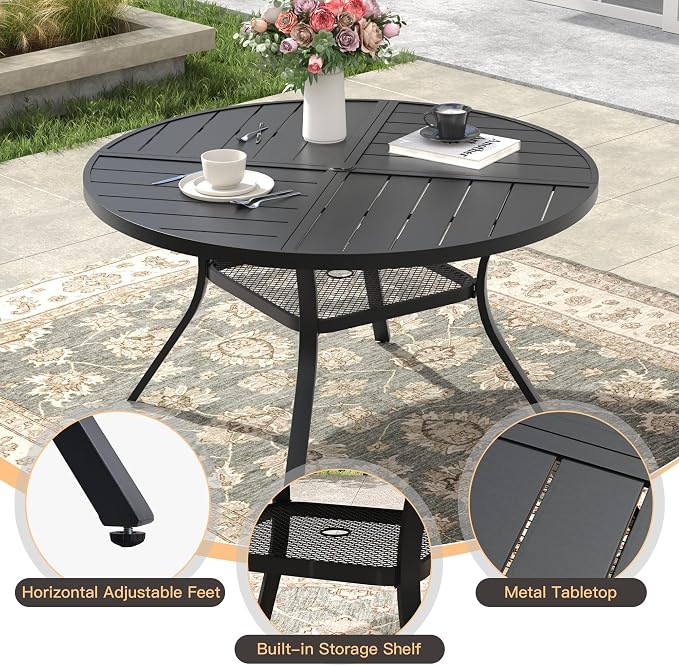 7 Pieces Outdoor Dining Set, Stackable Textilene Paito Chairs & 47.1" Round Dining Table with Umbrella Hole and Shelf, Patio Dining Set for Backyard, Deck, Garden, Dark Blue & Black