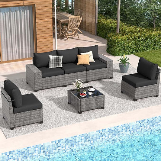 JOIVI 6 Pieces Outdoor Patio Furniture Set, Rattan Patio Conversation Set with Coffee Table, L-Shaped Wicker Outdoor Sectional Sofa Set with Wide Armrest and Cushions for Garden, Deck, Porch, Black