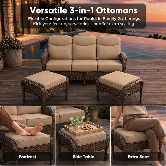 HUMMUH Outdoor Couch with 6-inch Thick Cushion, Luxury High Back Patio Furniture Set -Patio Sofa with Ottomans,3PCS Wicker Conversation Set for Deck Yard and Porch