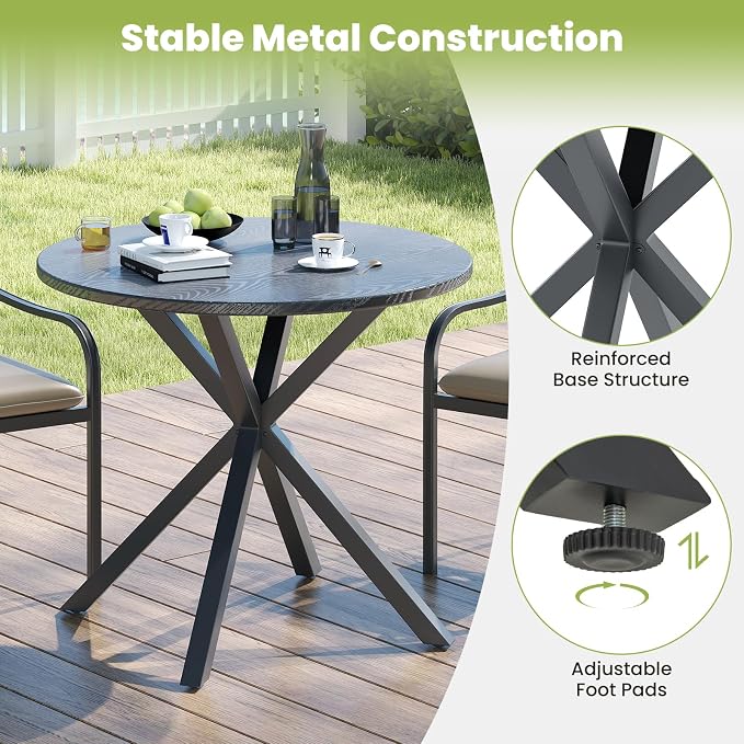 HAPPYGRILL 34” Round Outdoor Dining Table, Metal Patio Bistro Table with Wood-Like Tabletop, 4 Person Outdoor Dining Furniture for Backyard Garden Balcony