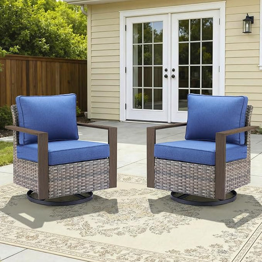 2PCS Outdoor Swivel Patio Chairs Set, All-Weather Wicker Swivel Rocker Chairs with High Back and Deep Seat, Patio Seating for Porch, Deck, Backyard and Poolside Grey/Blue