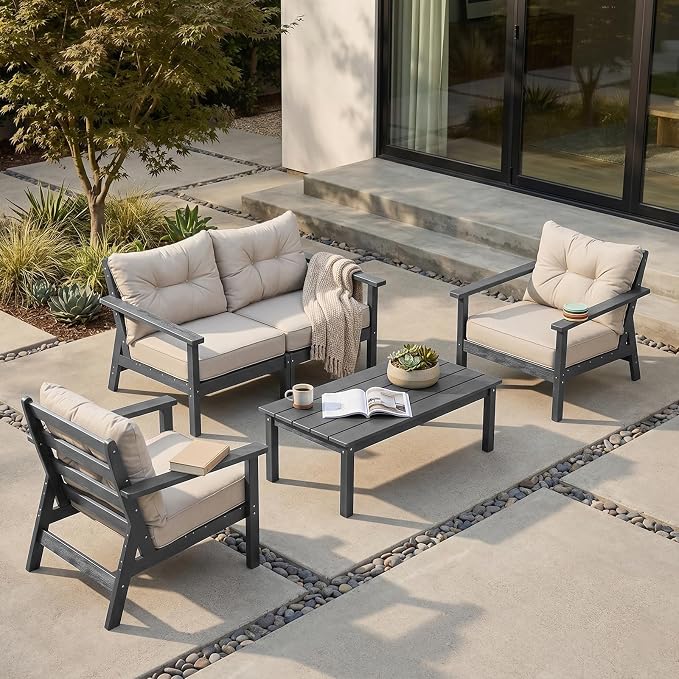HDPE Patio Conversation Set 4 Seats, Outdoor Furniture Set, Patio Sofa Set | Water-Resistant Thick Cushion, HDPE All Weather, Wood-Grain, No Rot or Rust or Crack, UV Fade Shield, Easy-Clean for Outside