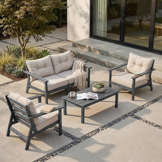 HDPE Patio Conversation Set 4 Seats, Outdoor Furniture Set, Patio Sofa Set | Water-Resistant Thick Cushion, HDPE All Weather, Wood-Grain, No Rot or Rust or Crack, UV Fade Shield, Easy-Clean for Outside