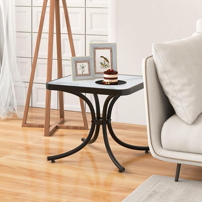 HAPPYGRILL Outdoor Side Table Square Patio End Table with Tempered Glass Top, 20" Bistro Table with Heavy-Duty Metal Frame, Indoor Small Compact Coffee Table for Garden Backyard Poolside