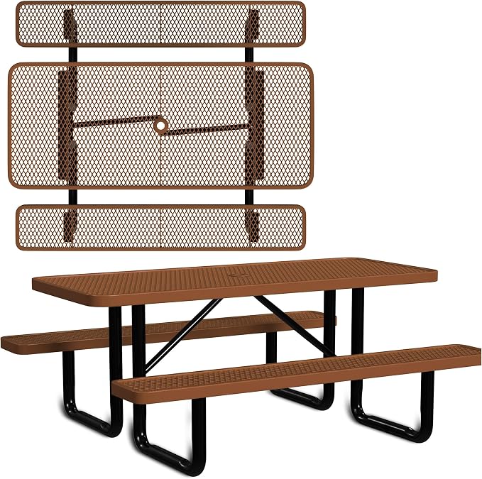 Leisure Craft Metal Picnic Table with Bench - 6 ft Rectangle Outdoor Dining Table for 6, Umbrella Hole, Weatherproof Heavy Duty Thermoplastic Coating, Commercial Grade Furniture Made in USA - Brown