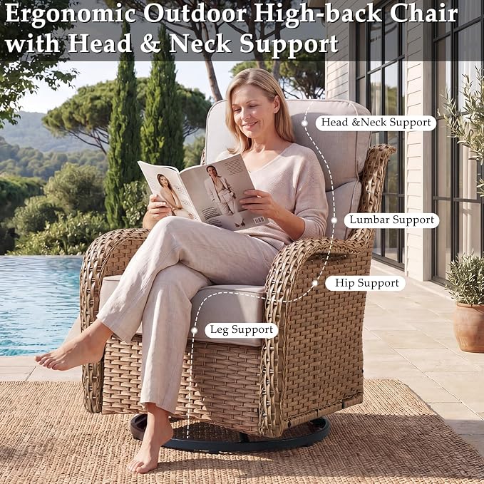 Luxury High Back Patio Furniture Set with 6-Inch Thick Cushions, 9-Pieces Outdoor Furniture with Swivel Chairs, Wicker Conversation Set for Porch, Balcony, Deck and Yard, Yellow/Beige