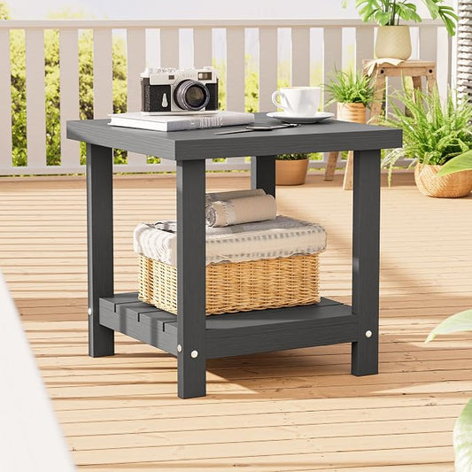 2-Tier HDPE Outdoor Square Side Table, Heavy-Duty Patio Side Table with Storage Shelf, Weather-Resistant Adirondack End Tables for Backyard, Pool, Porch, Garden, Lawn, Grey