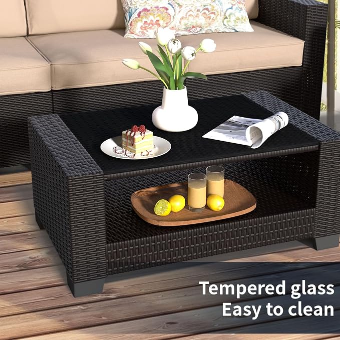 SHGJ&SOFT 7 Piece Outdoor Patio Furniture Set, Wicker Outdoor Sectional Sofa with Washable Cushion Covers and Tempered Glass Table, Rattan Conversation Set for Poolside,Balcony, Porch,Garden
