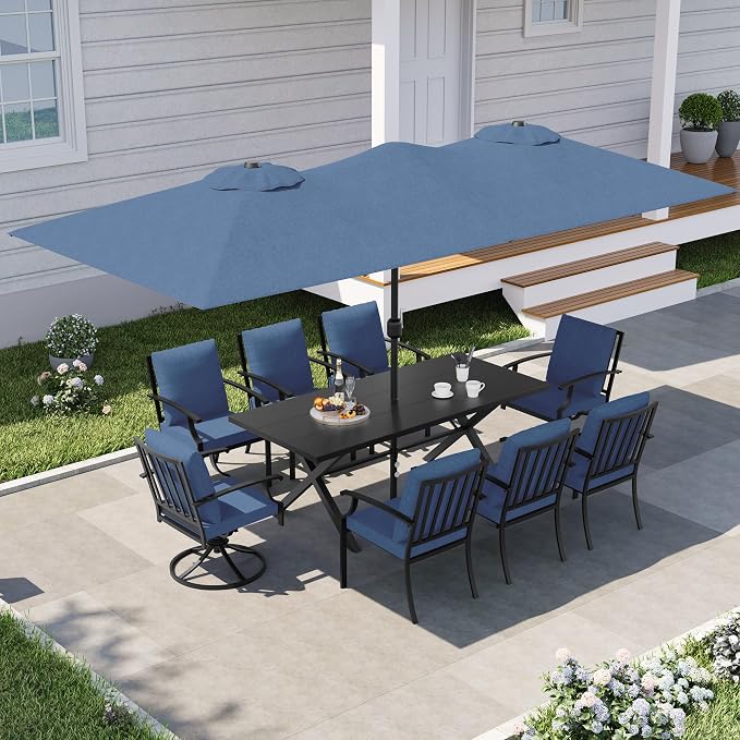 10 PCS Outdoor Patio Dining Set with 13.6ft Double-Sided Patio Umbrella,Patio Table and Chairs Metal Outdoor Patio Furniture Set,Dining Table Set with Swivel Chairs,Navy Blue