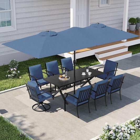 10 PCS Outdoor Patio Dining Set with 13.6ft Double-Sided Patio Umbrella,Patio Table and Chairs Metal Outdoor Patio Furniture Set,Dining Table Set with Swivel Chairs,Navy Blue