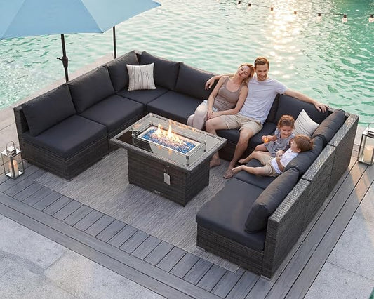 BULEXYARD 9 Pieces Highback Wicker Patio Furniture Set with Firepit, High Weight Capacity Outdoor Sectional Couch Sofa 8-Seater Modular, Plus Comfortable Wide Deep Deck Seating Group, Dark Grey