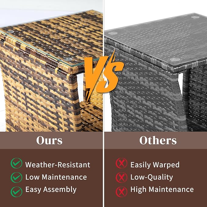 Outvita Outdoor Side Table, Rattan Coffee Table Small End Table with Glass Top Storage for Patio Porch Backyard Balcony