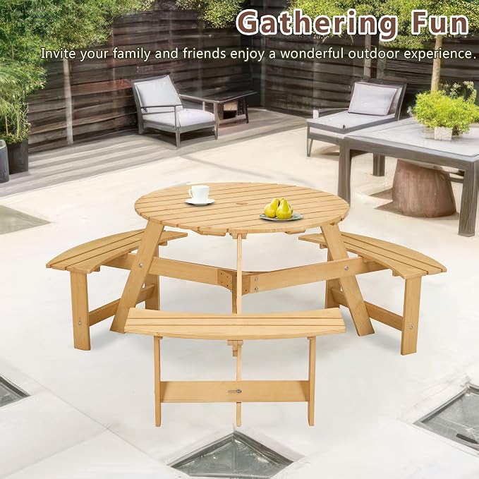 6 Person Wood Dining Table, Outdoor Round Picnic Table with 3 Built-in Benches, Umbrella Hole, Outside Patio Backyard Table and Bench Set, 500lbs Capacity Per Bench (Oak)