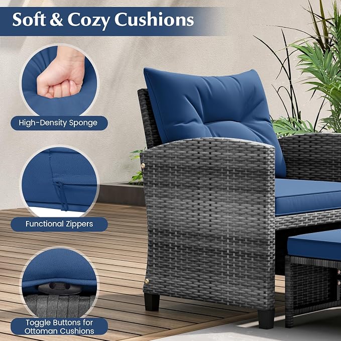 HAPPYGRILL 5-Piece Outdoor PE Rattan Conversation Set, Wicker Patio Furniture Set with Cushion, Ottoman & Coffee Table for Backyard Garden Poolside Lawn Deck Porch (Mix Grey & Navy)