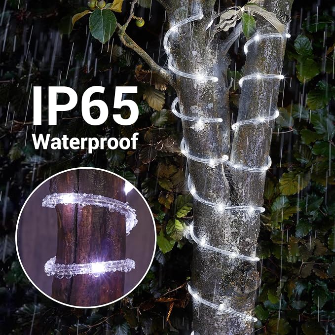 Solar Rope Lights, 2 Packs Total 132ft 400LED Solar String Lights, 8 Modes Waterproof Solar Outdoor Light, Flexible Clear Trampoline Light for Garden Backyard Patio Deck Pool Tree Decor - White