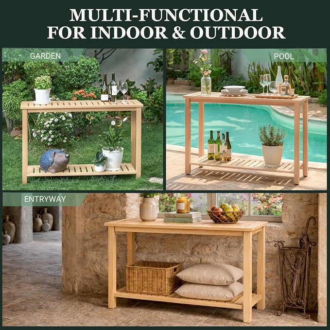 Premium 2-Tier Wooden Console Table with Storage Shelf Solid Eucalyptus Wood 48.03"x 16.14"x 31.1" Entryway Sofa Table for Hallway, Living Room (Natural)