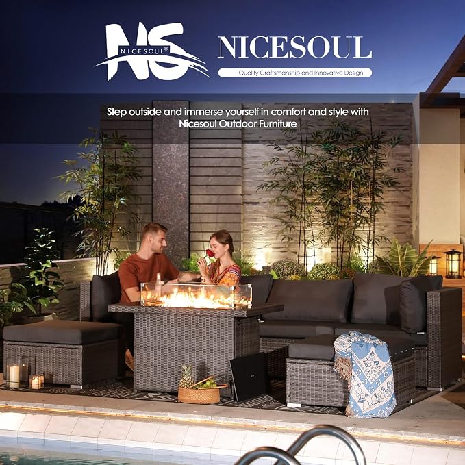 NICESOUL 15 Piece Outdoor Sectional with Fire Pit Table, Modern Luxury Patio Deep Seating w/Firepit, 29.3'' High-Back Wicker Couch Thick, Big High-Weight Capacity Sofa for Terrace, Yard, Dark Gray