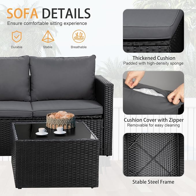 Shintenchi 4 Pieces Patio Furniture Set, 2-in-1 Convertible Sectional Sofa & Chaise Lounge, All-Weather Wicker Rattan Sofa Couch with Cushions & Coffee Table for Yard, Garden, Porch, Poolside (Gray)
