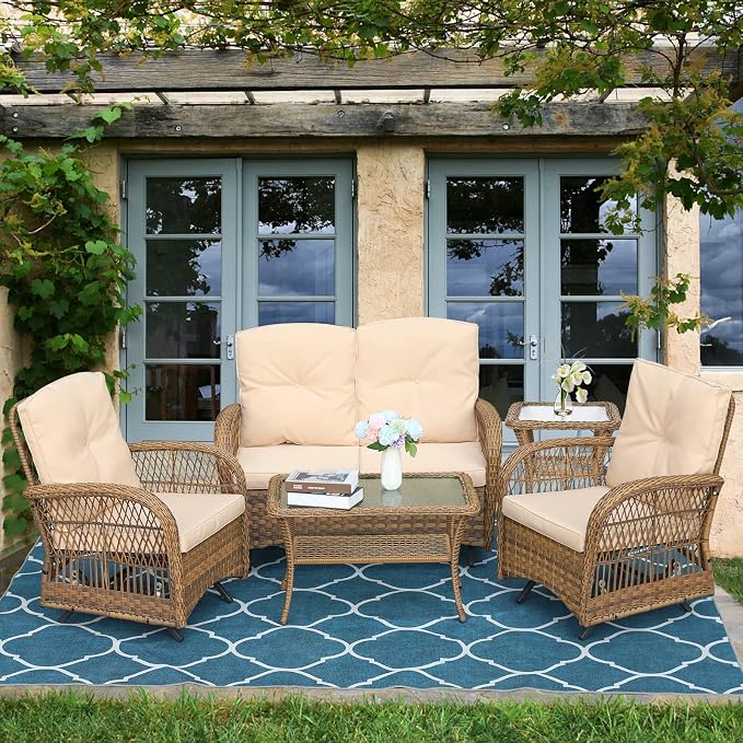 5-Piece Wicker Patio Furniture Sets Outdoor All-Weather Rattan Conversation Set Includes Glider Loveseat, 2 Glass-Top Coffee Tables, 2 Glider Rocker Chairs with Thickened Cushions