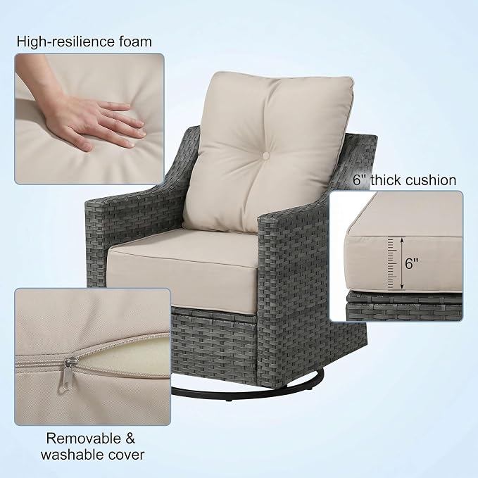 5 Pieces Patio Furniture Set, Weather-Resistant Wicker Swivel Rocker with Soft Cushions & Side Table,All Weather Outside Furniture with Ottoman for Porch, Garden, Backyard