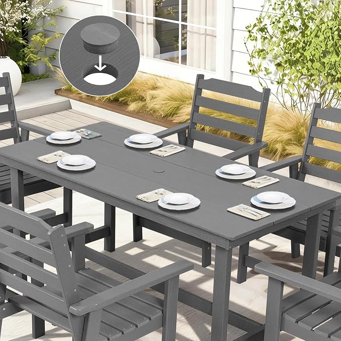 FUNBERRY Outdoor Dining Table, HDPE 6-Person Patio Table with Umbrella Hole | Wood-Grain, HDPE All Weather, No Rot or Rust or Crack, UV Fade Shield, 220LBS Weight Capacity, Easy-Clean for Outside