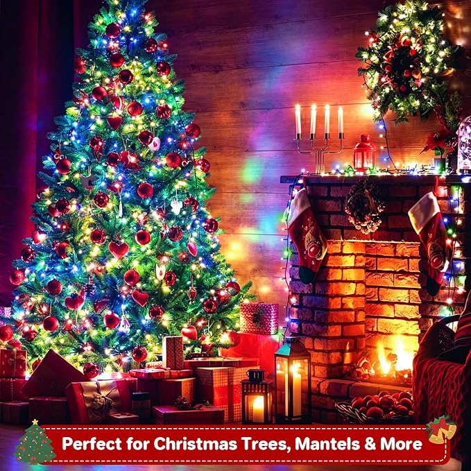 66ft 200 LED Christmas Tree String Lights Outdoor Fairy Lights Plug in, Expandable Green Wire Clear Bulbs Mini Lights 8 Modes, Xmas Wedding Party Decoration (Multicolor)