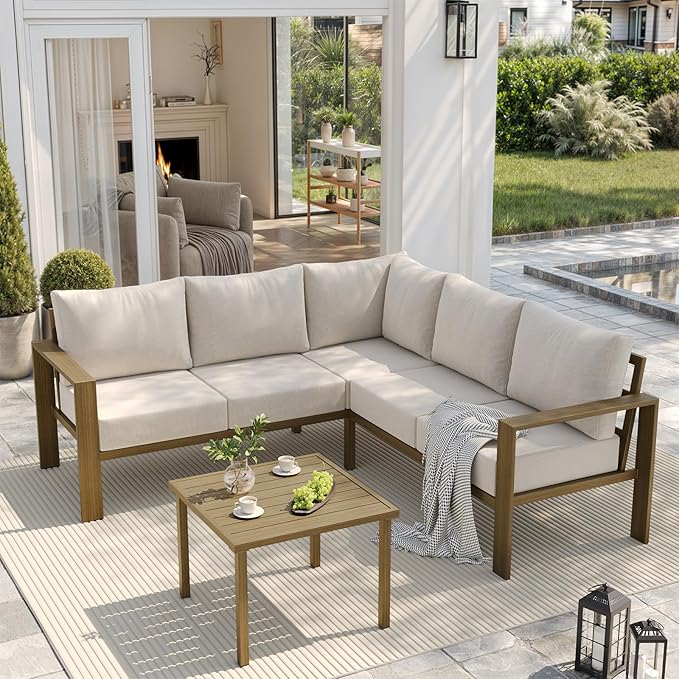 UDPATIO 6 Piece Patio Furniture Set, Metal Outdoor Sectional Sofa with 6" Thick Olefin Cushions, Wide Armrest & Coffee Table, L Shaped Outdoor Furniture for Garden, Backyard, Faux Wood Grain & Beige