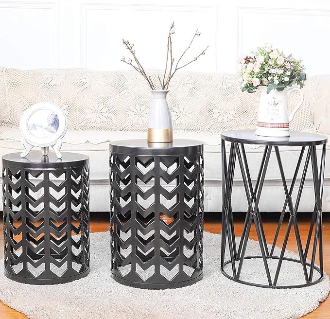 Y&M Set of 3 Stacking Coffee Tables for Living Room End Tables, Nesting Side Table, Outdoor Decorative Garden Stool with Heavy Duty Modern Industrial Decor - Black (Ship from US)