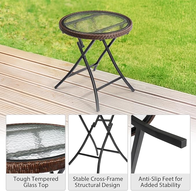19" Round Patio Side Table,Small Foldable Wicker End Tables,All-Weather Rattan Coffee Table,Bistro Dining Tables,with Glass Tabletop,for Lawn Garden Backyard Deck Porch Poolside Balcony (Brown)