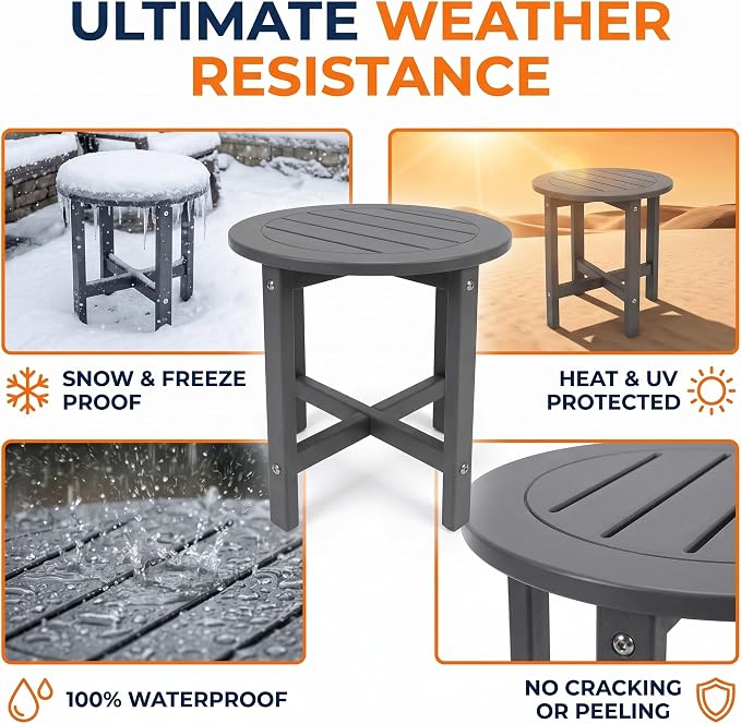 GDFStudio HDPE Outdoor Side Table, Small Patio End Table, All-Weather Round Accent Table for Porch Balcony Deck Poolside, Gray