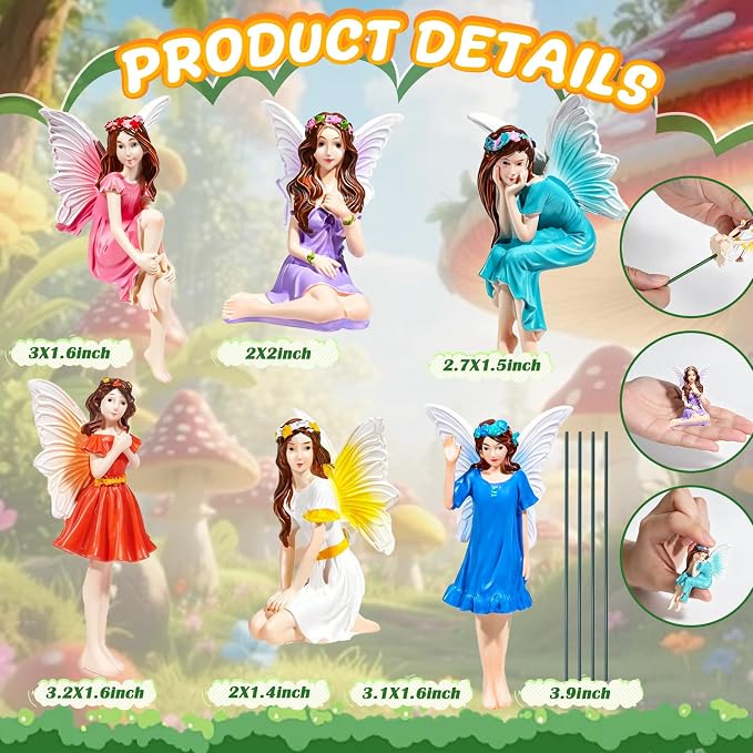 Exasinine 6 Pcs Fairy Figurines 4 Inch Colorful Fairies for Fairy Garden | 6 Hand-Painted 4-Inch Resin Fairy Figurines, Assorted Poses for Fairy Gardens, Flower Beds, Planters and Tabletop Decor