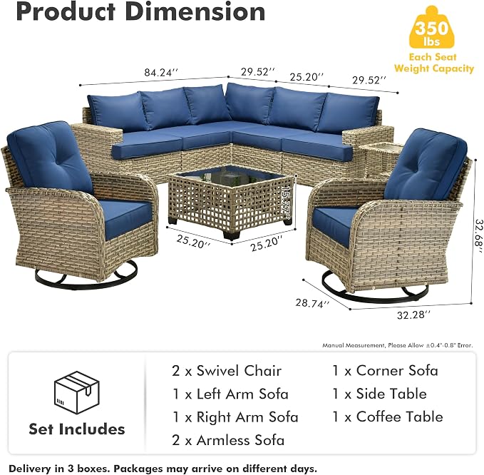 HOOOWOOO Sectional Patio Furniture Set with Swivel Chairs,9 Pieces Wicker Outdoor Furniture L Shaped Couch,Outside Conversation Set with Extra Deep Seat Sofa Wide Arm Solar Light Table,Navy Blue