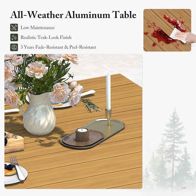 PURPLE LEAF 7 Pieces Patio Dining Set with Waterproof Furniture Cover Rectangular Table and Chairs Set for Garden Deck Aluminum Frame Backyard Kitchen Set, Cushions and Pillows Included Teak