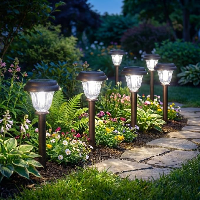 DERAYSION Solar Lights Outdoor, 6 Pack Brushed Stainless Steel Glass Solar Pathway Lights, Auto On/Off Long-Lasting Outdoor Solar Lights for Garden, Landscape, Path, Yard, 6000K Cold White | Stainless Steel Waterproof Garden Lights Auto On/Off Long-Las...