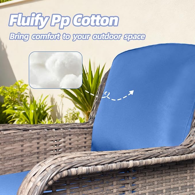 Outdoor Patio Furniture Set, 33" High Back Chairs with 4" Thick Cushions, 5 Pieces Outdoor Seating Furniture, Sectional Sofa Set with 2 Chairs, 2 Ottomans and 1 Sofa for Porch Deck Garden, Blue