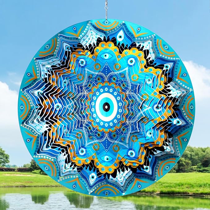 Aoedelyart Wind Spinners Outdoor Mandala Peacock Evil Eye‌,12In Stainless Steel Wind Spinner Hanging Garden Decor,Garden Gifts for Women,Men,Mother,Father,Wind Sculptures 3D Kinetic Yard Art Ornament